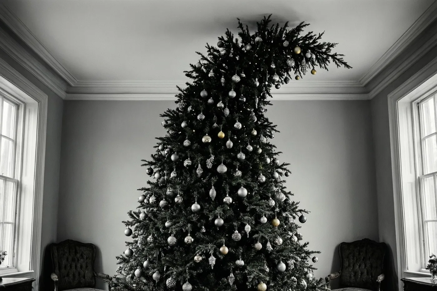 Een hoge, rijk versierde kerstboom helt opzij met zijn bovenste tak tegen het plafond in een ruime kamer met twee ramen en gestoffeerde stoelen, weergegeven in zwart-wit met zilveren en gouden accenten in de versiering.