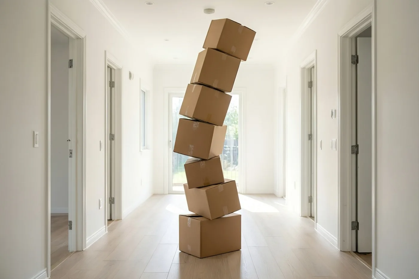 Een hoge, wankele stapel bruine kartonnen dozen helt over in een lichte, lege gang met witte muren en een lichte houten vloer.