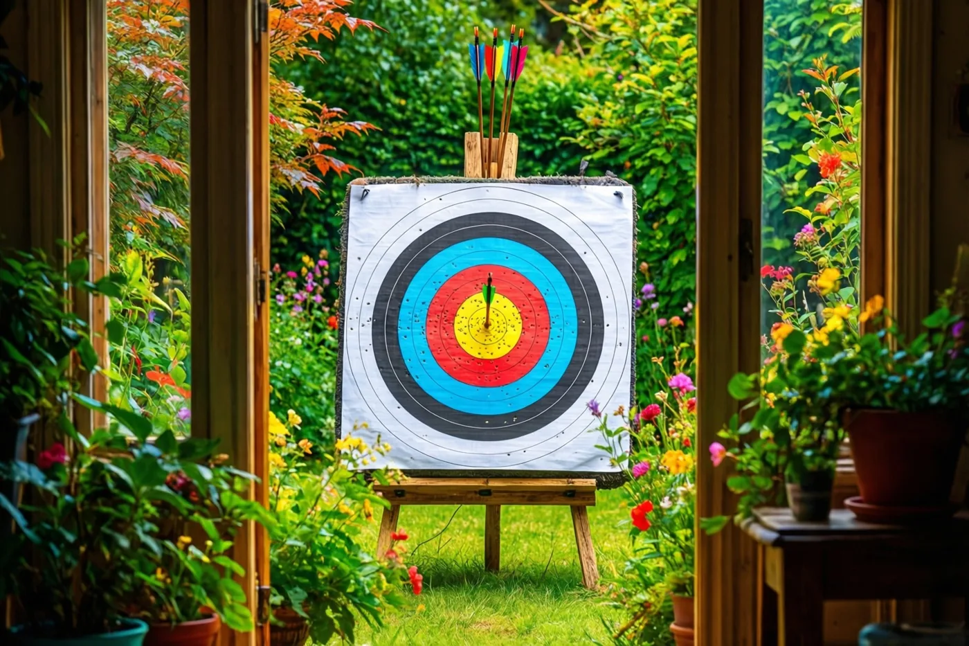 Door een open deuropening is een schietschijf met een pijl in de roos te zien in een groene tuin vol kleurrijke bloemen.