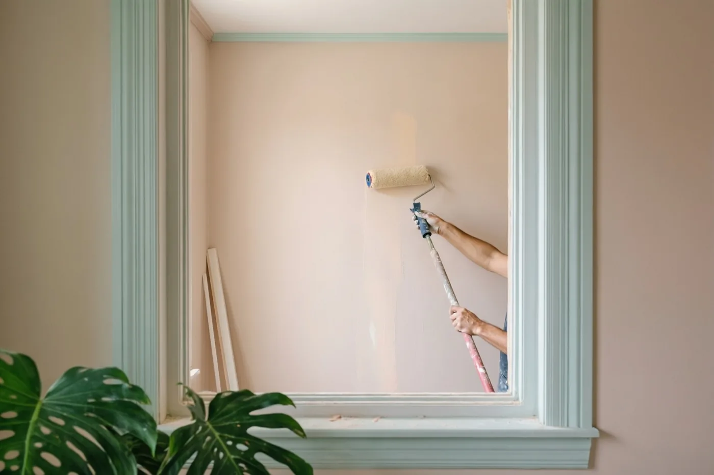 Door een lichtgroen raamkozijn is iemand met een verfroller te zien in een kamer met perzikkleurige muren en een groot monsterablad op de voorgrond.