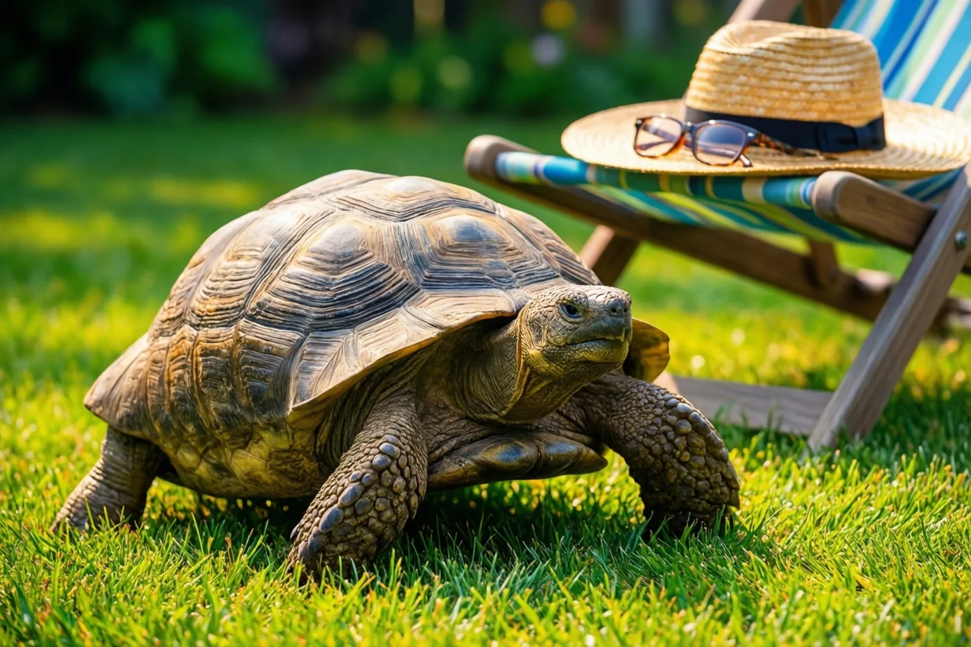 Een grote landschildpad loopt over een felgroen gazon, met op de achtergrond een blauwwit gestreepte ligstoel waarop een strohoed en leesbril liggen.