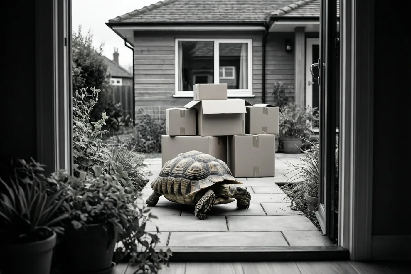 Op een zwart-witfoto loopt een landschildpad over een betegeld terras voor verhuisdozen, gezien door een open deur met een woning en tuin op de achtergrond.