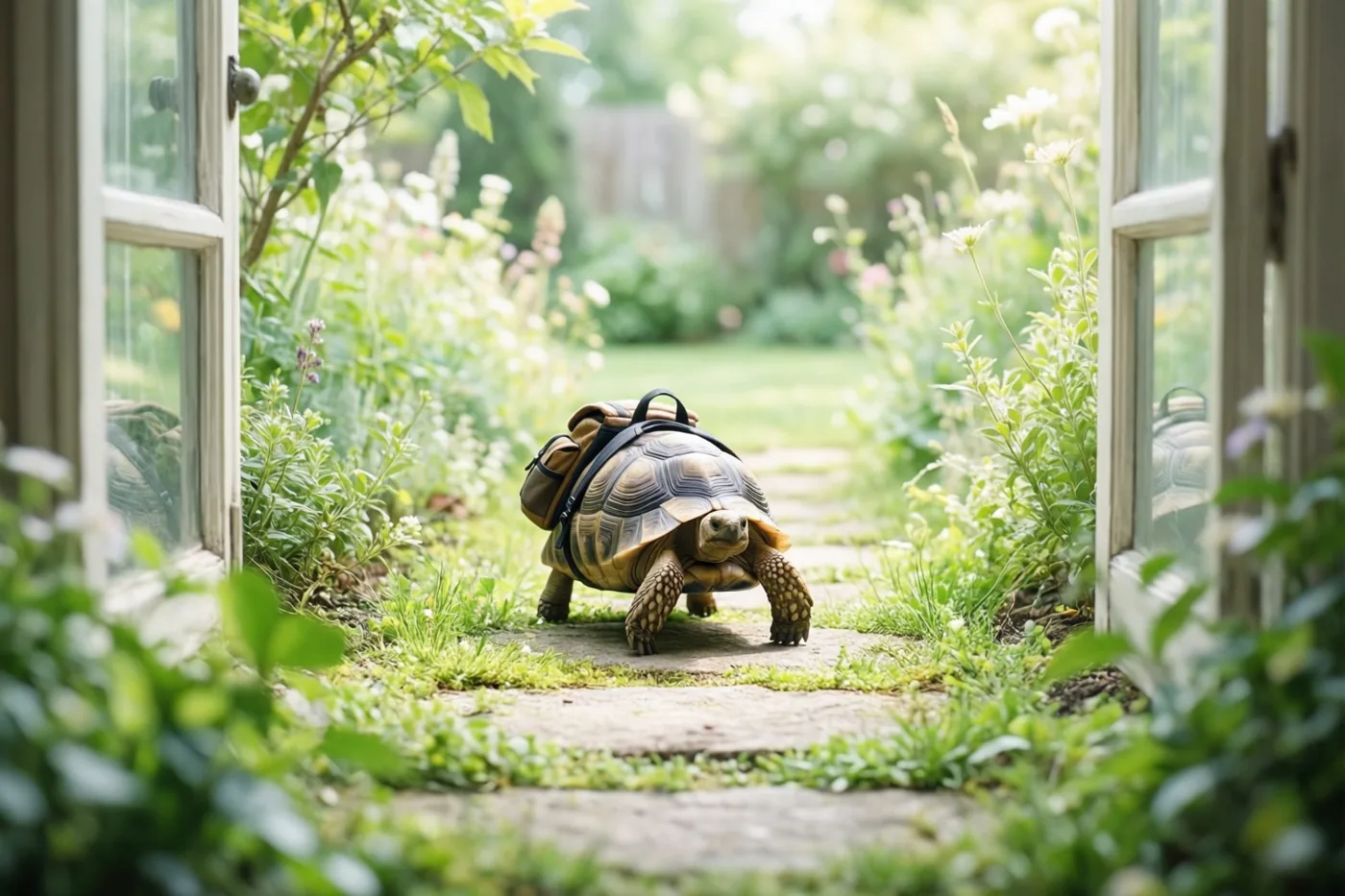 Door een open raam is een landschildpad met een kleine rugzak te zien die langzaam over een stenen tuinpad tussen groen en wilde bloemen loopt.