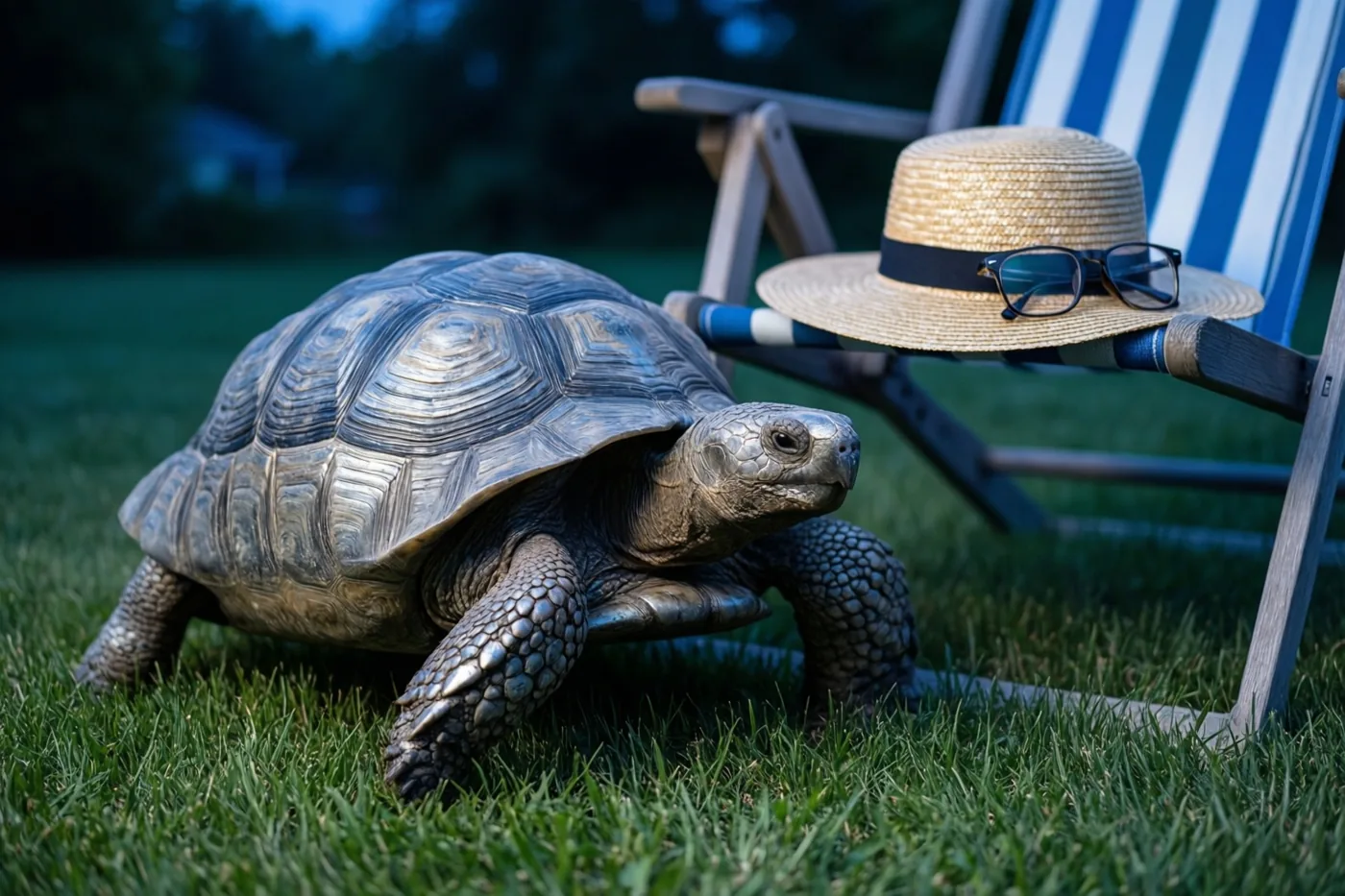 Een grote landschildpad loopt 's avonds over een groen gazon voor een blauwwit gestreepte ligstoel met een strohoed en leesbril, tegen een donkere achtergrond.