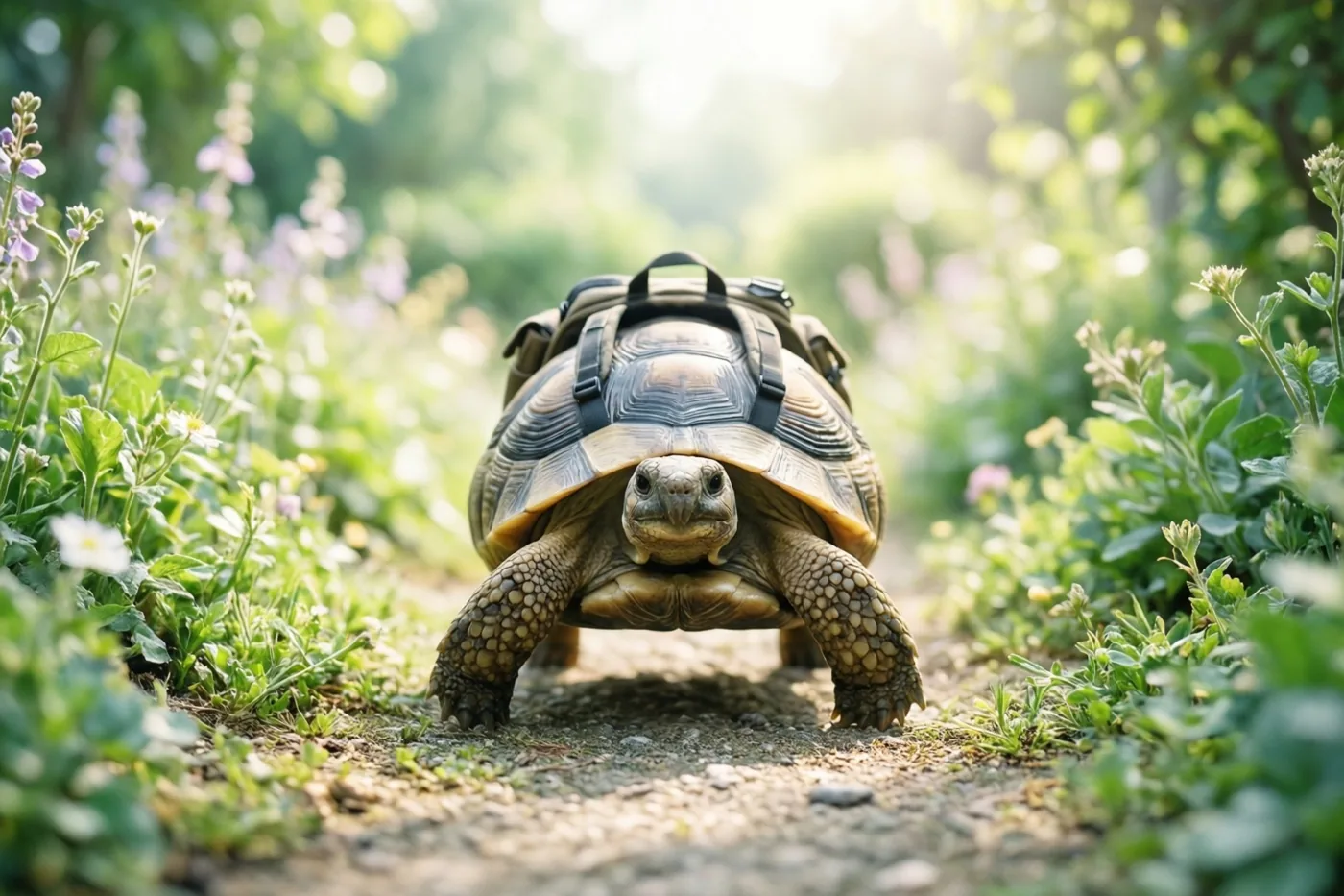 Een landschildpad met een kleine rugzak loopt langzaam over een grindpad in een zonnige tuin met groen en zachtpaarse en witte bloemen.