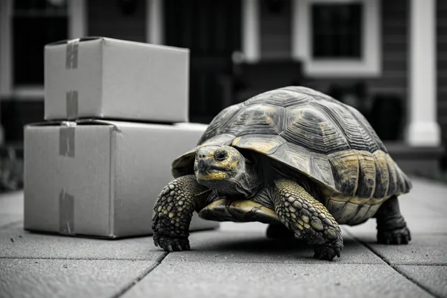 De schildpad verhuist rustig mee