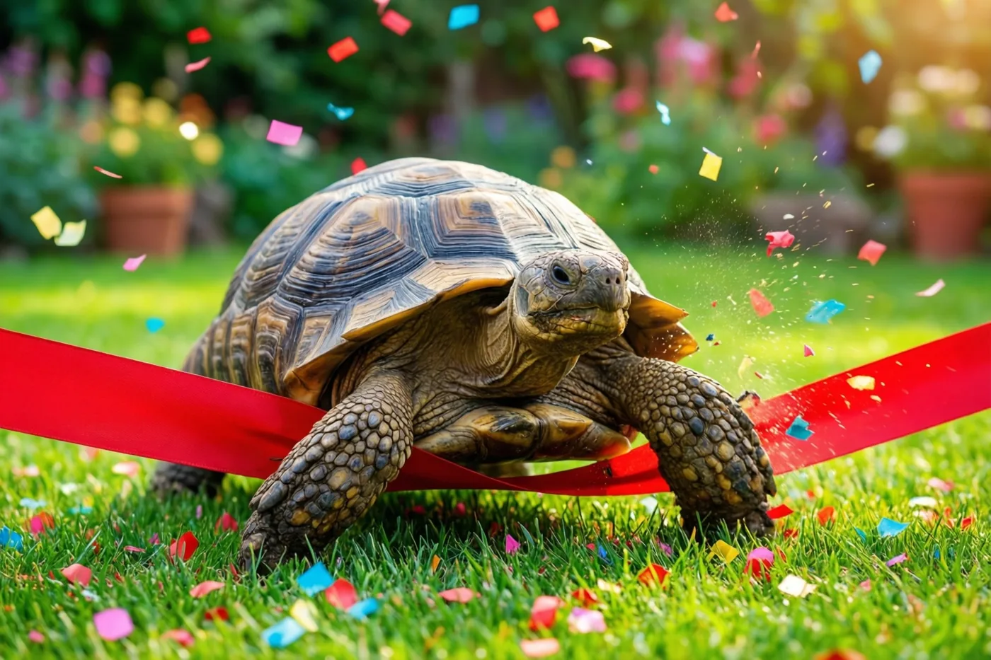 Een landschildpad steekt een rood lint over op een groen gazon, met kleurrijke confetti rondom en onscherp gebladerte op de achtergrond.