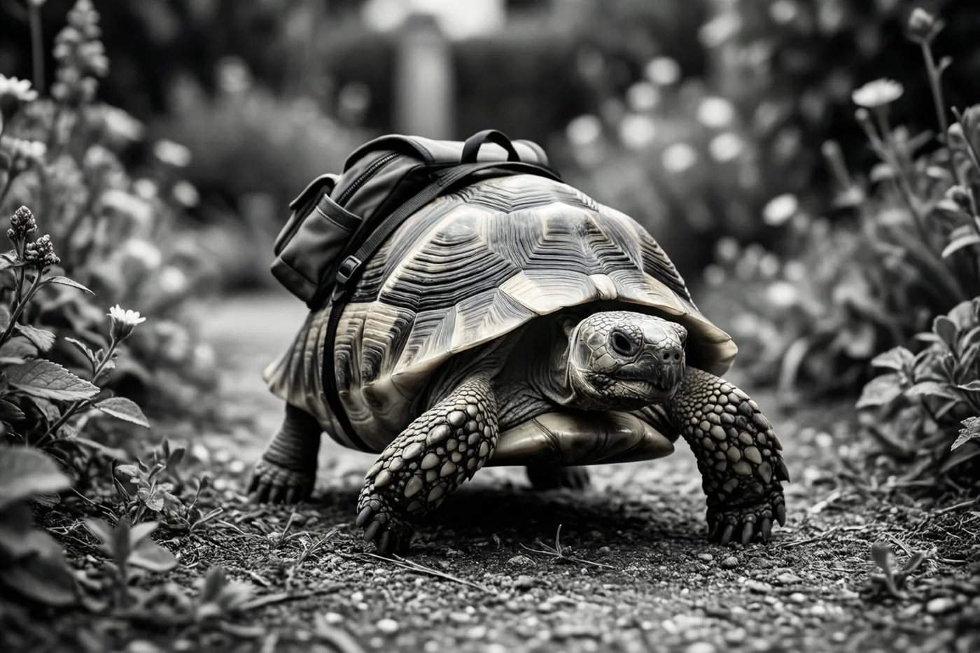 Een zwart-witfoto toont een landschildpad met een kleine rugzak die langzaam over een tuinpad tussen planten loopt.