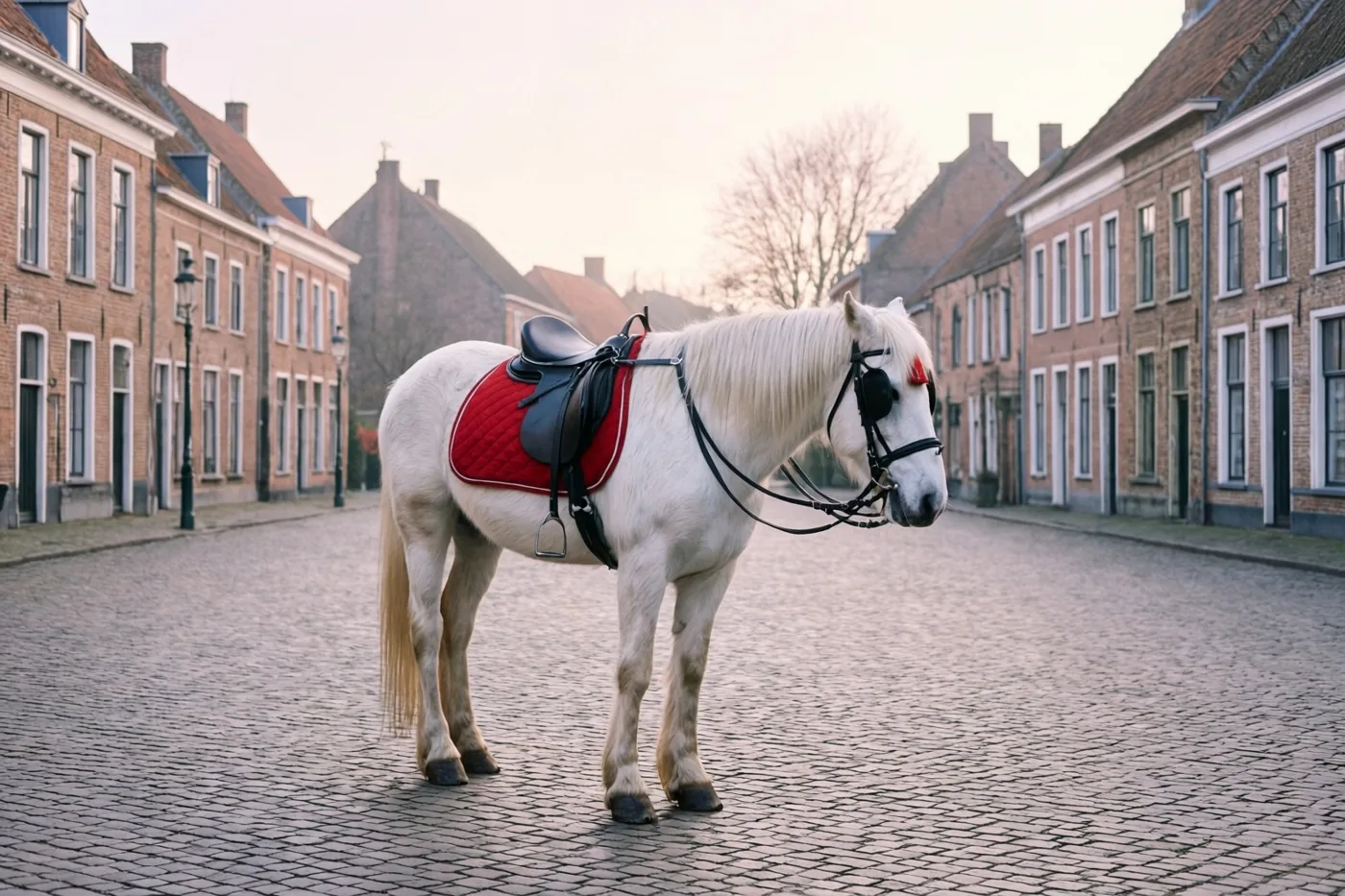 Een wit paard met een rood zadeldek staat in een gekasseide dorpsstraat tussen bakstenen gebouwen onder een bewolkte hemel.