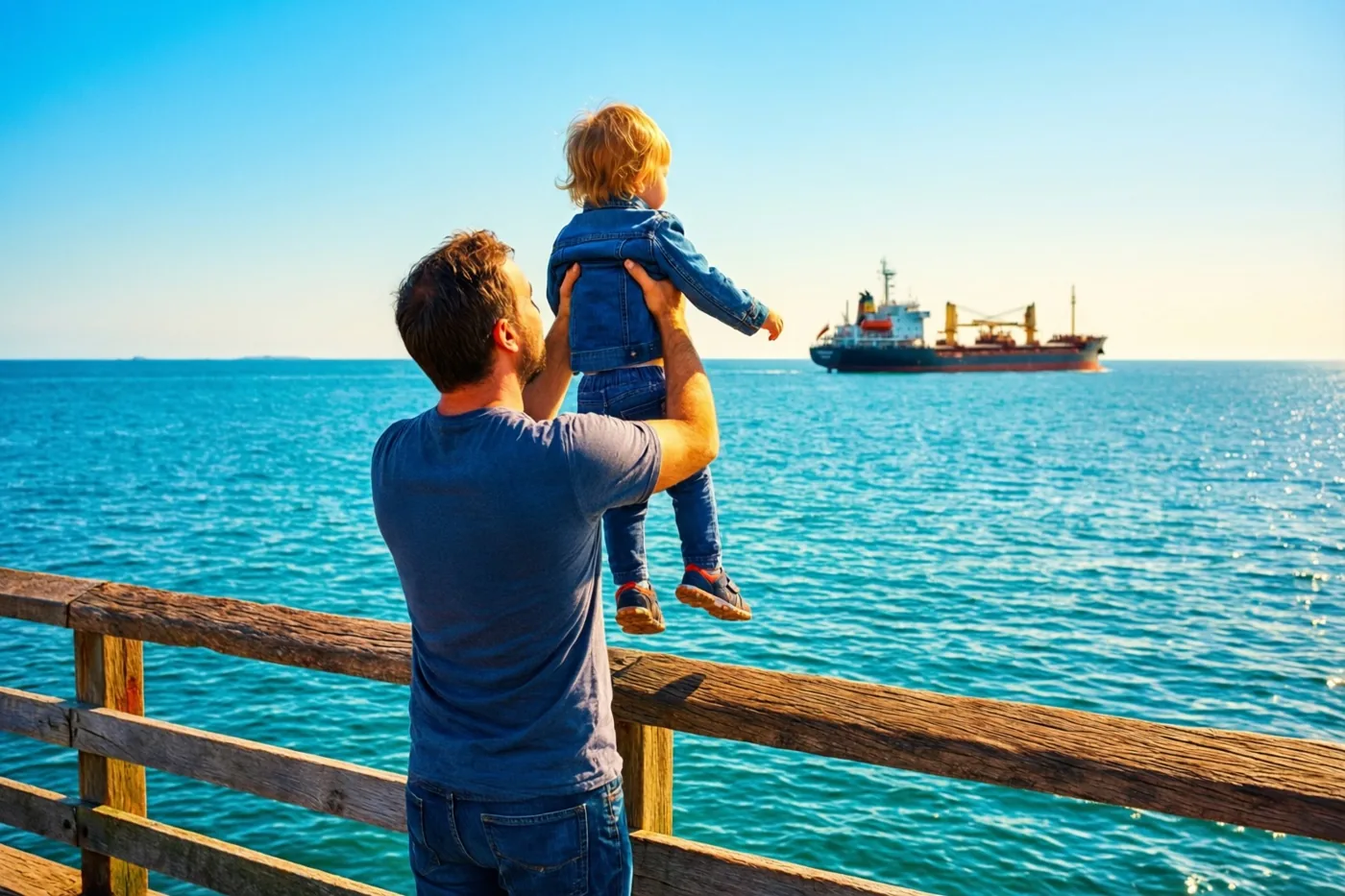Een vader tilt een klein kind op de leuning van een houten pier, terwijl ze naar een groot schip aan de horizon kijken boven een turquoise zee onder een blauwe hemel.