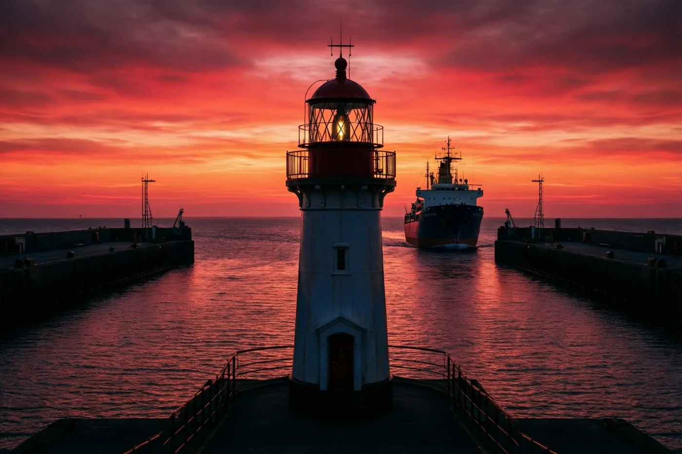Een vuurtoren staat aan de ingang van een havengeul terwijl een groot schip wegvaart bij zonsondergang, met rode en oranje tinten in lucht en water.