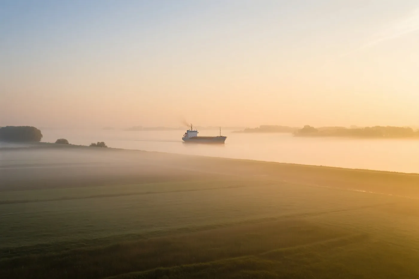 Een groot schip vaart bij zonsopgang op een mistige rivier, terwijl gouden zonlicht de mist en de groene velden eromheen verlicht.