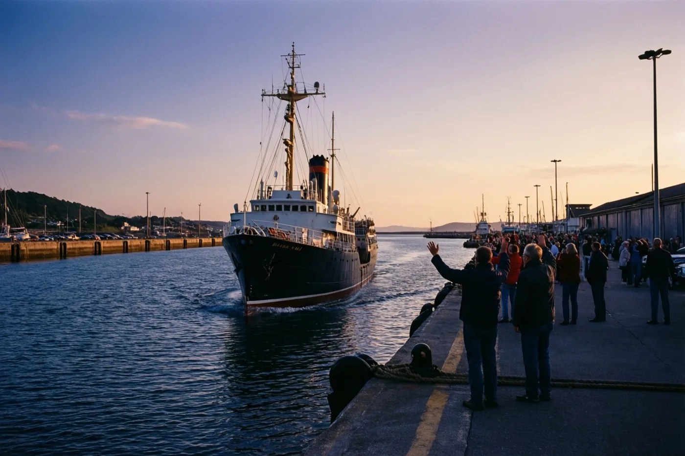 Een groot schip vaart bij het vallen van de avond met een kielzog de haven uit, terwijl mensen op de kade zwaaien onder een blauwe lucht met warme zonsondergangskleuren.