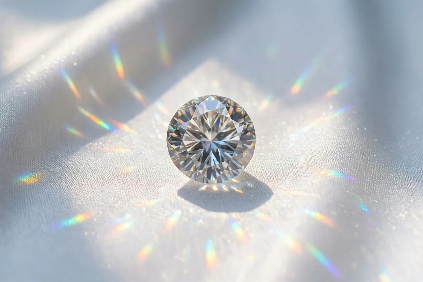 Een rond geslepen diamant ligt op zachte witte zijde en verspreidt regenboogkleurige schitteringen over de helder verlichte stof.