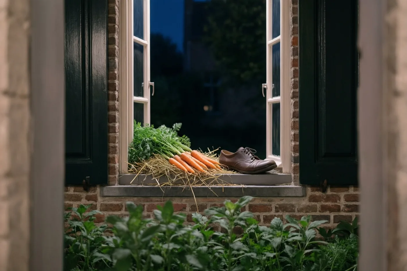 Een bruine leren schoen staat naast wortels en stro op de vensterbank van een bakstenen hoeve met donkergroene luiken, van buitenaf gezien bij nacht met planten op de voorgrond.