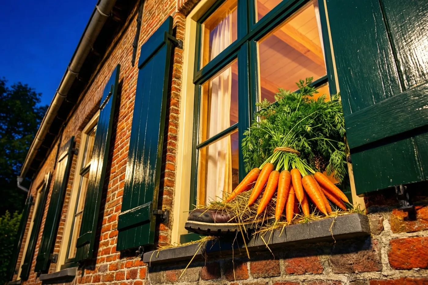 Een donkere schoen met hooi en wortels met groen loof staat op de stenen vensterbank van een bakstenen hoeve, in warm binnenlicht tegen een diepblauwe avondhemel.