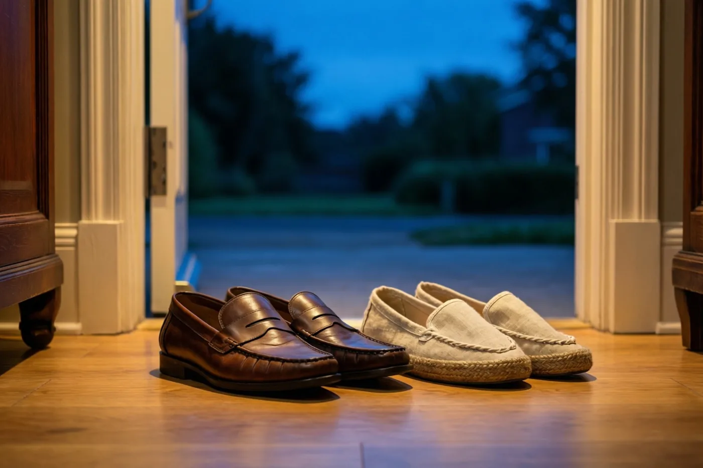 Bruine leren instappers en beige linnen espadrilles staan op een houten vloer bij een deuropening, met warm licht binnen en blauwe schemering buiten.