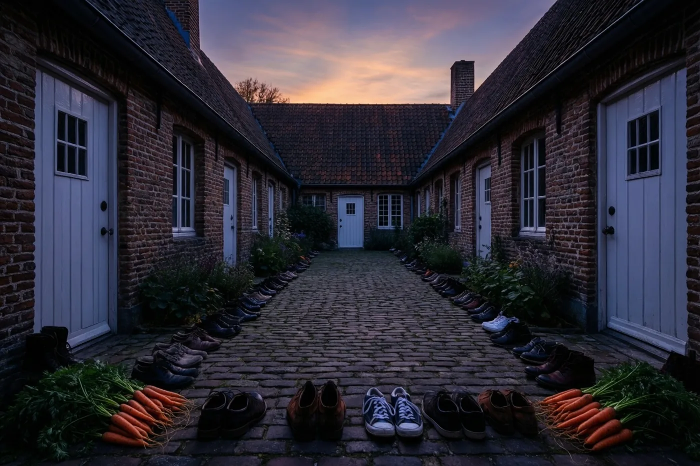 In een binnenplaats tussen bakstenen gebouwen staan schoenen en wortels bij witte deuren, onder een paarsoranje schemerhemel.