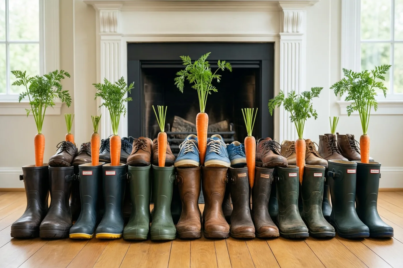 Schoenen, laarzen en regenlaarzen met elk een wortel met loof staan op een houten vloer voor een haard in een lichte kamer met grote ramen en witte afwerking.