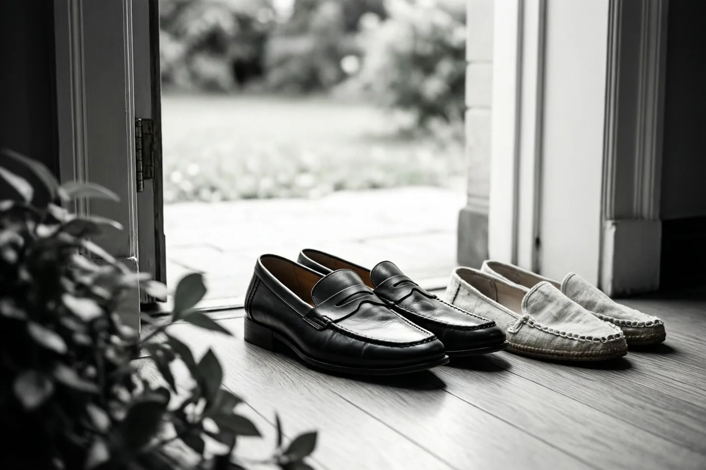 Op een zwart-witfoto staan zwarte leren instappers en lichte linnen espadrilles naast elkaar op een houten vloer bij een deuropening.
