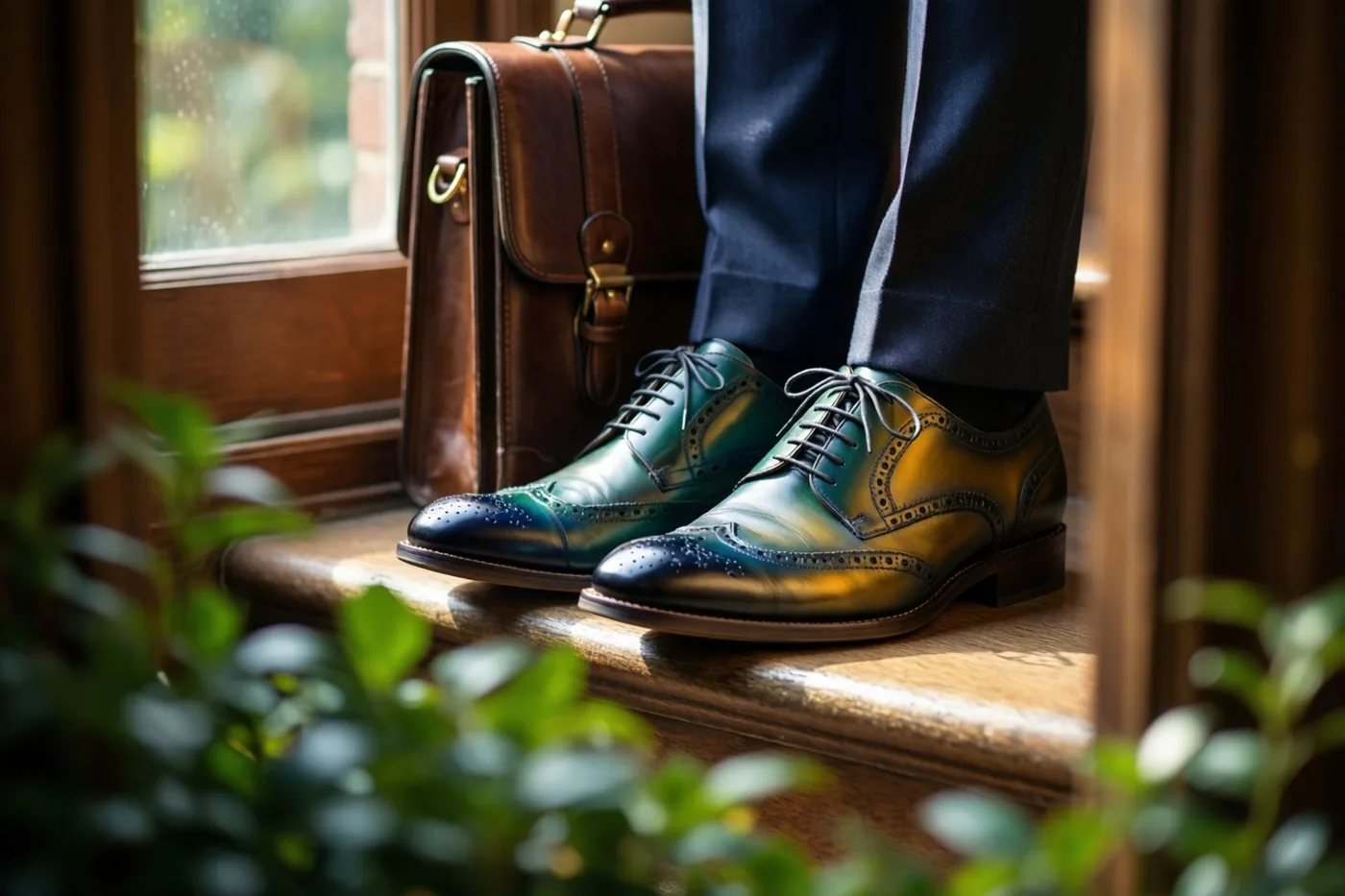 Op een houten vensterbank staan gepoetste oxfords met groene en gouden accenten en een bruine leren aktetas in ochtendlicht, met een diepblauwe broek in beeld.