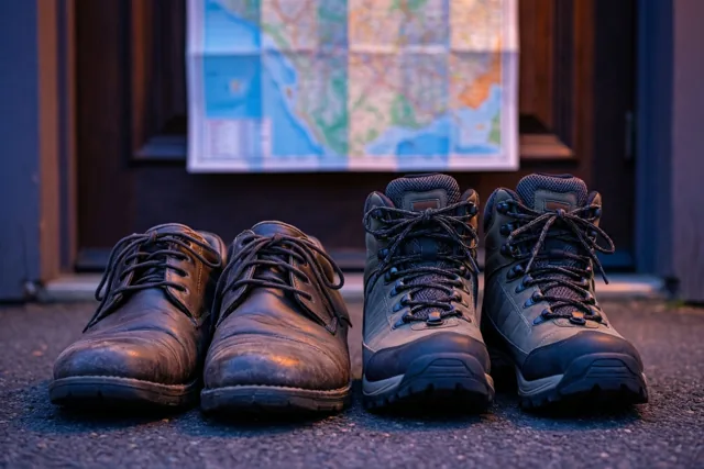 Versleten kantoorschoenen en nieuwe wandelschoenen staan naast elkaar op een drempel, met een landkaart aan de deur erachter.