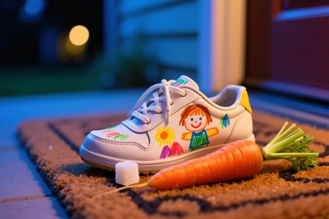 Een witte kindersportschoen met een kleurrijke tekening van een meisje en bloemen staat 's nachts op een deurmat naast een wortel en een suikerklontje.