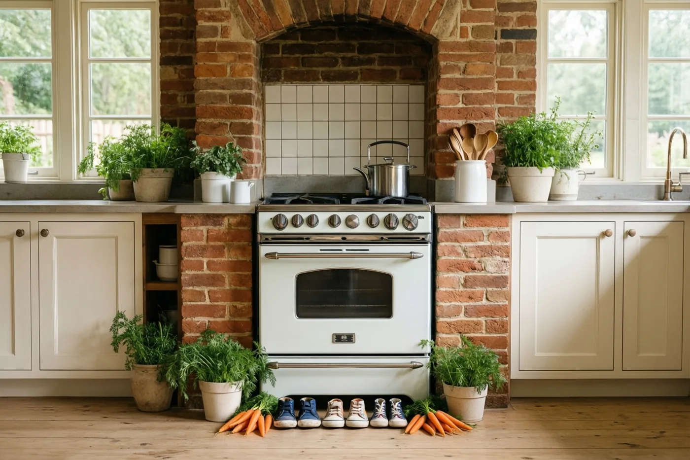 In een bakstenen hoevekeuken staan kinderschoenen en wortels op de houten vloer voor een wit betegeld fornuis met een pot erop, omringd door kruidenplantjes en daglicht.