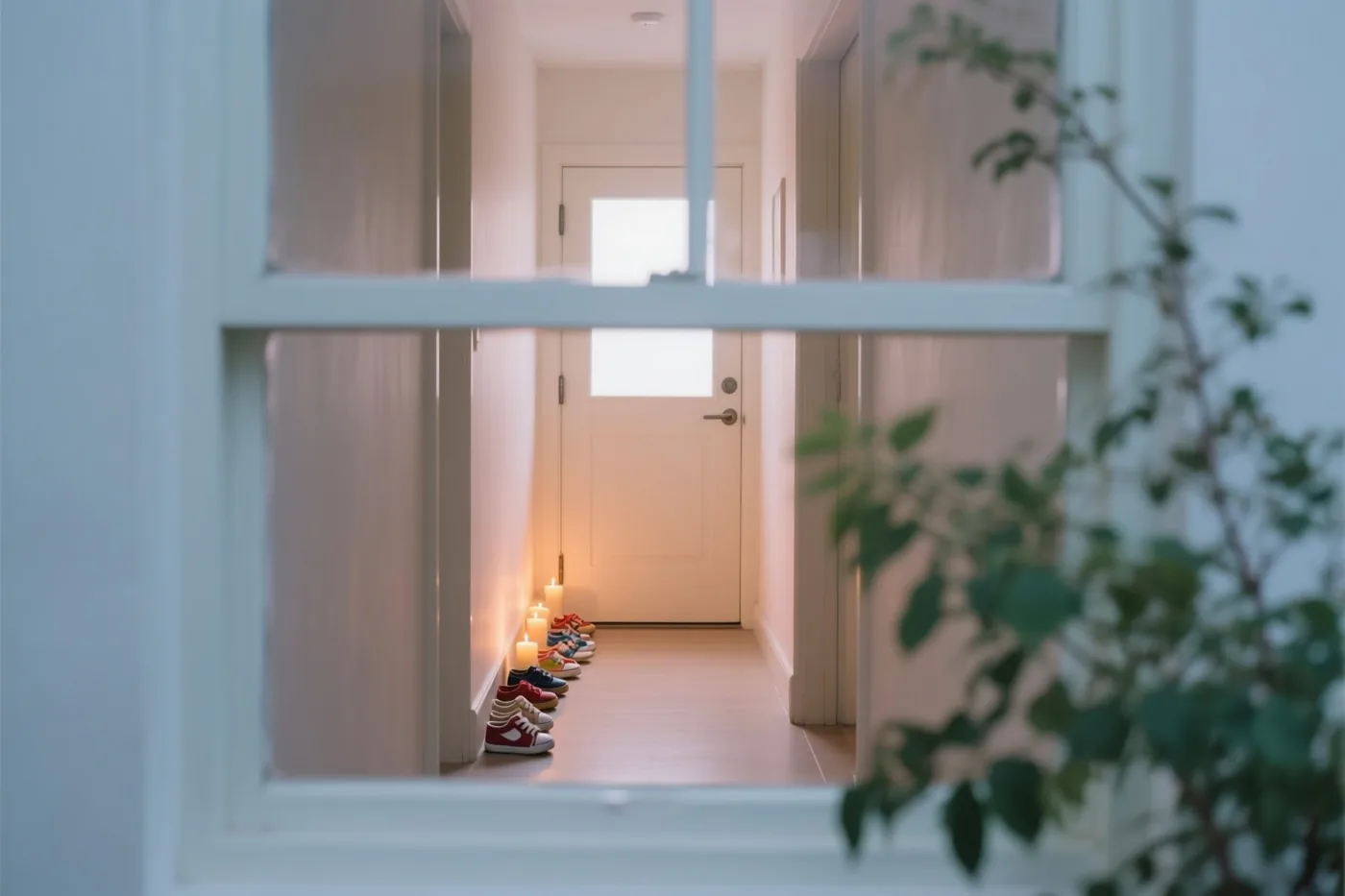 Door een raamkozijn is een gang te zien met kinderschoenen naast de voordeur en brandende kaarsen, met een groene plant op de voorgrond.