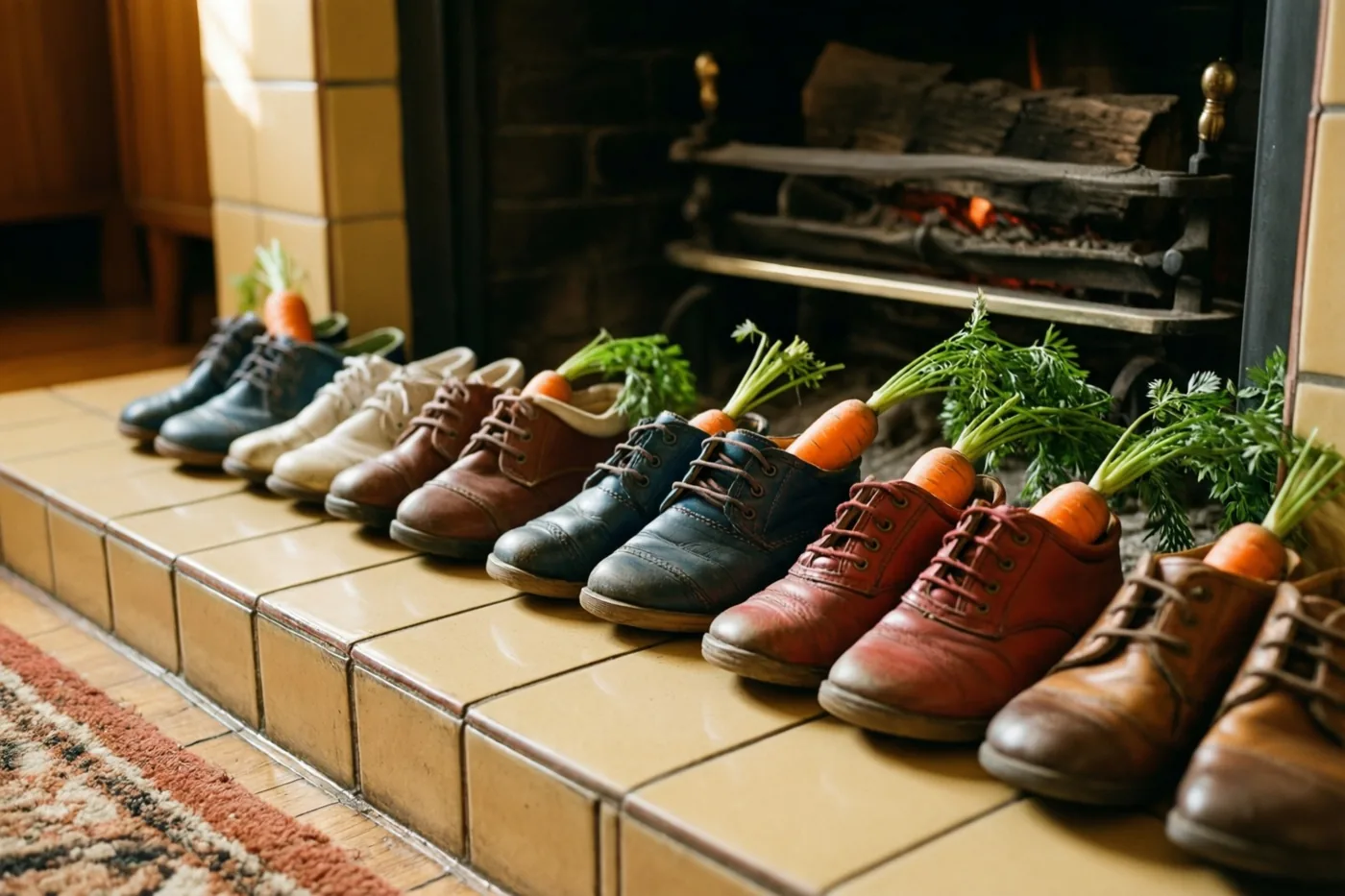 Een rij kinderschoenen met wortels met loof staat voor een haard op tegels, in warme bruine, donkerrode en beige tinten.