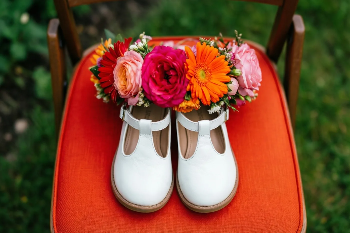 Kleine witte schoenen met een T-bandje en een kleurrijke bloemenkroon liggen op een houten stoel met een oranje kussen op groen gras.