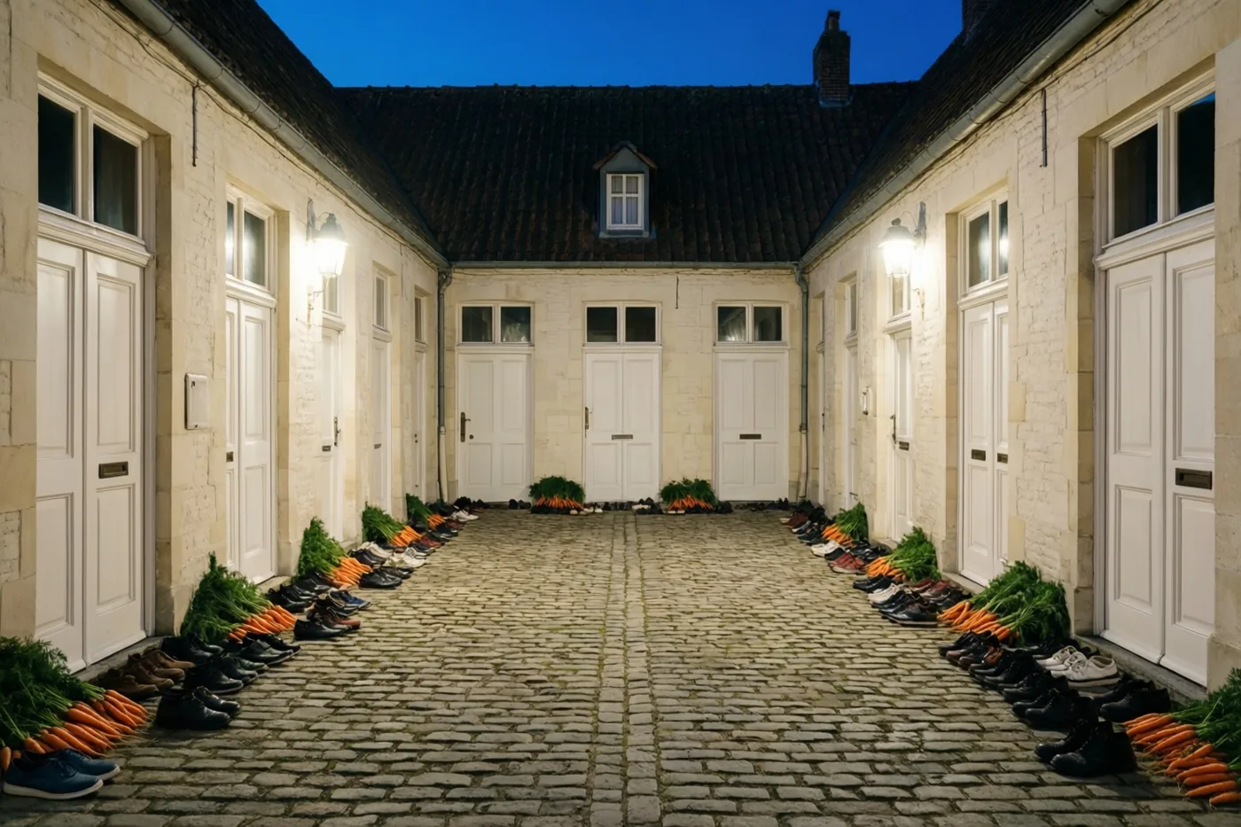 Op een gekasseide binnenplaats tussen witgekalkte gebouwen staan rijen schoenen en wortels bij elke deur, verlicht door warme lampen onder een diepblauwe avondhemel.