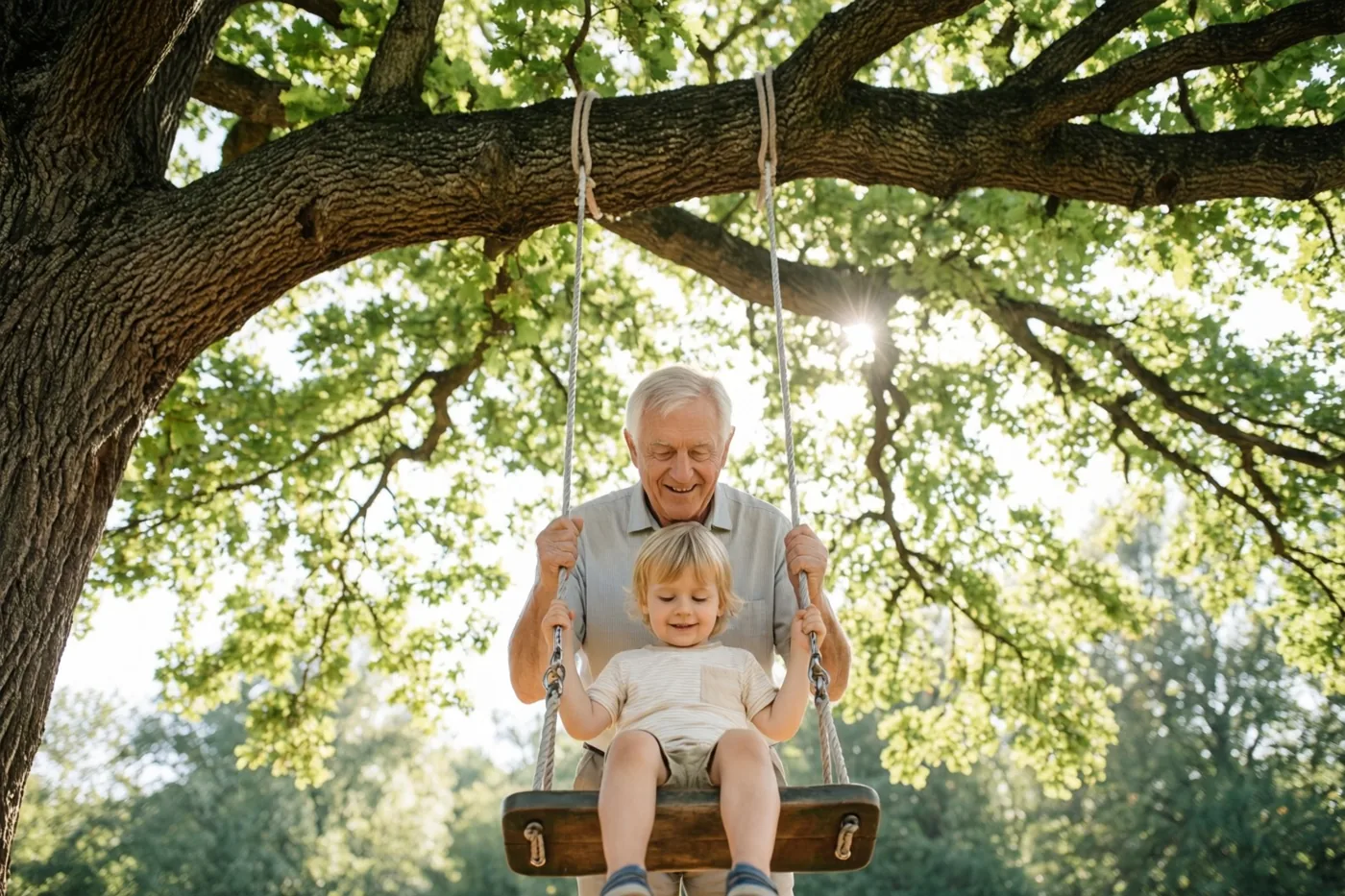 Een oudere man duwt een kind op een houten schommel aan een grote eik, van onderaf gezien met fel zonlicht tussen de groene bladeren.