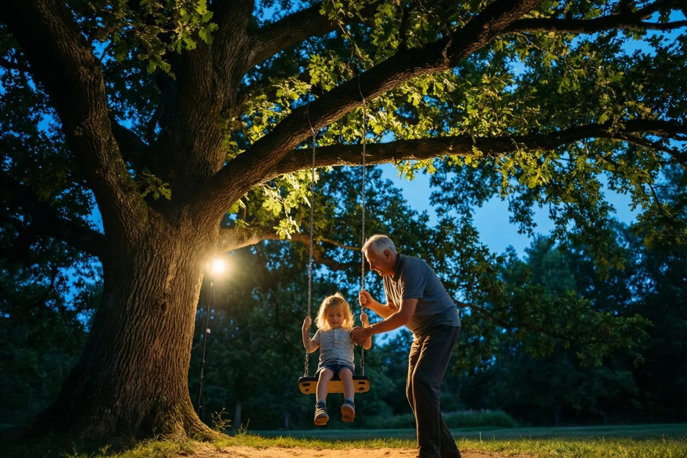 Van onderaf is te zien hoe een oudere man een kind op een schommel aan een grote eik duwt, met goudkleurig zonlicht en een diepblauwe lucht.