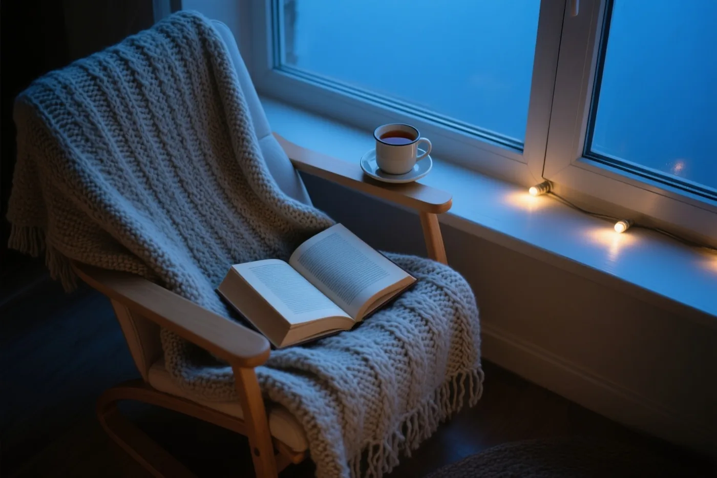 Een houten schommelstoel met een dikke gebreide deken, een open boek en een kop thee op de armleuning staat bij een raam met blauw schemerlicht en warme lichtjes langs de vensterbank.