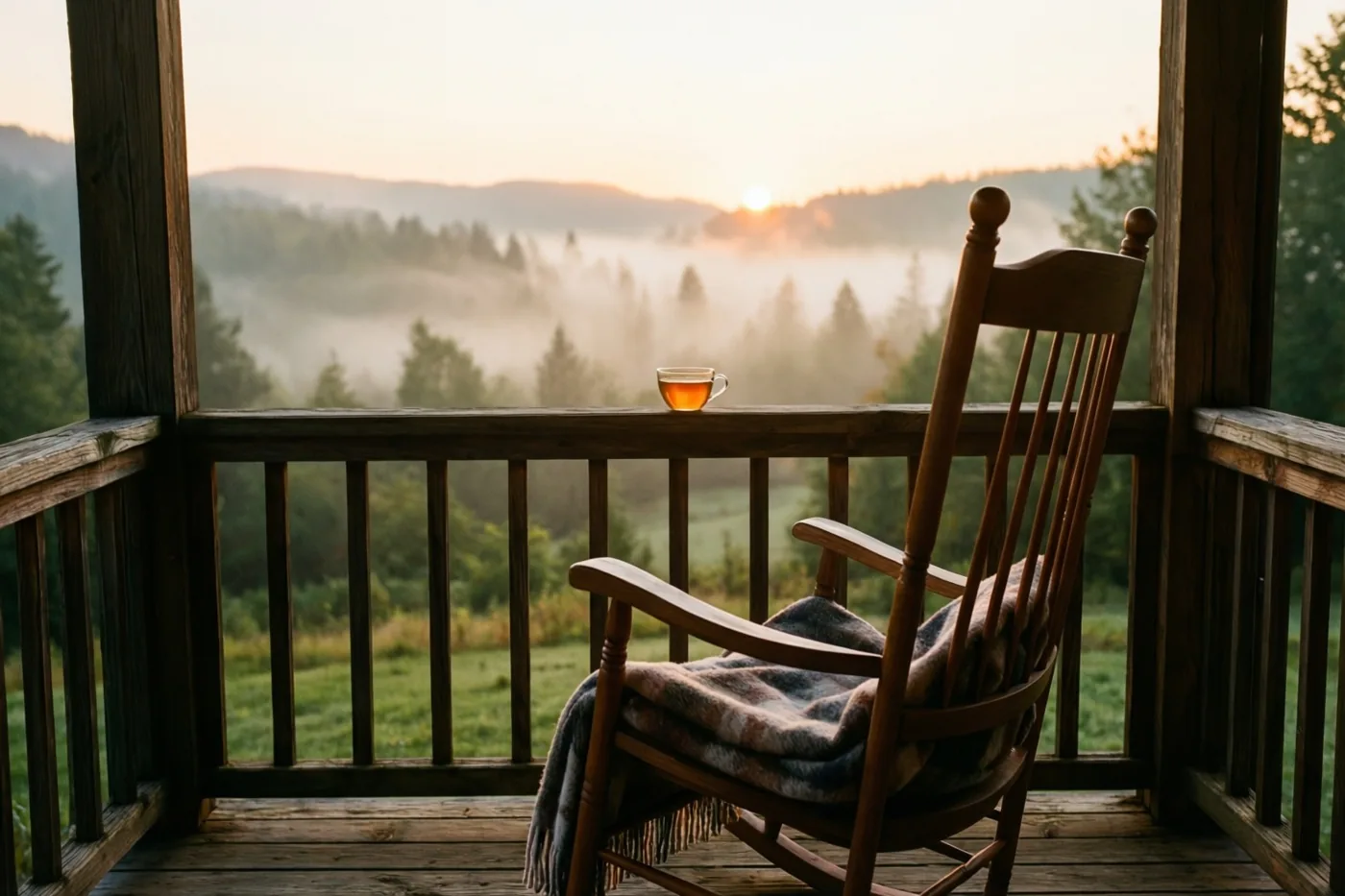 Een houten schommelstoel met een geruite deken staat op een veranda met uitzicht op mistige heuvels bij zonsopgang in warm goudkleurig licht.
