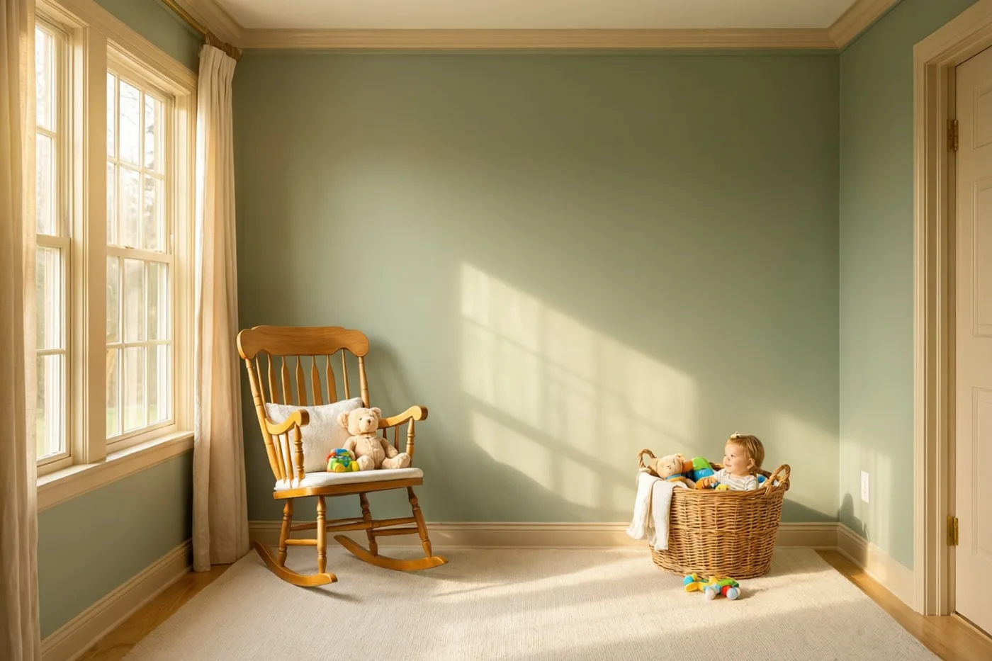 In een zonnige babykamer met saliegroene muren staan een houten schommelstoel en een rieten mand vol speelgoed bij het raam.