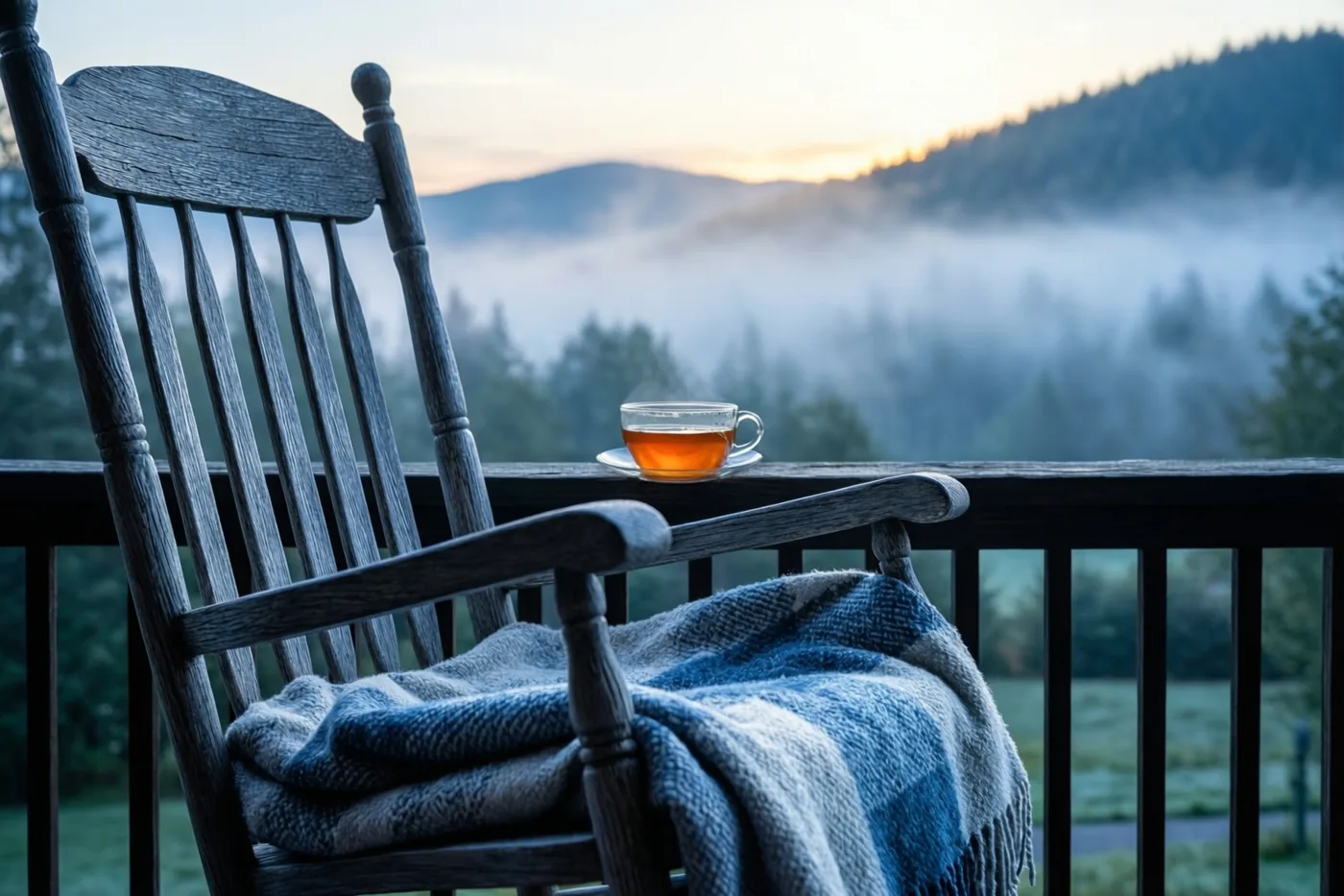 Een houten schommelstoel met een blauw-grijze deken staat op een veranda bij mistige heuvels tijdens zonsopgang, met een kop honingthee op de balustrade.