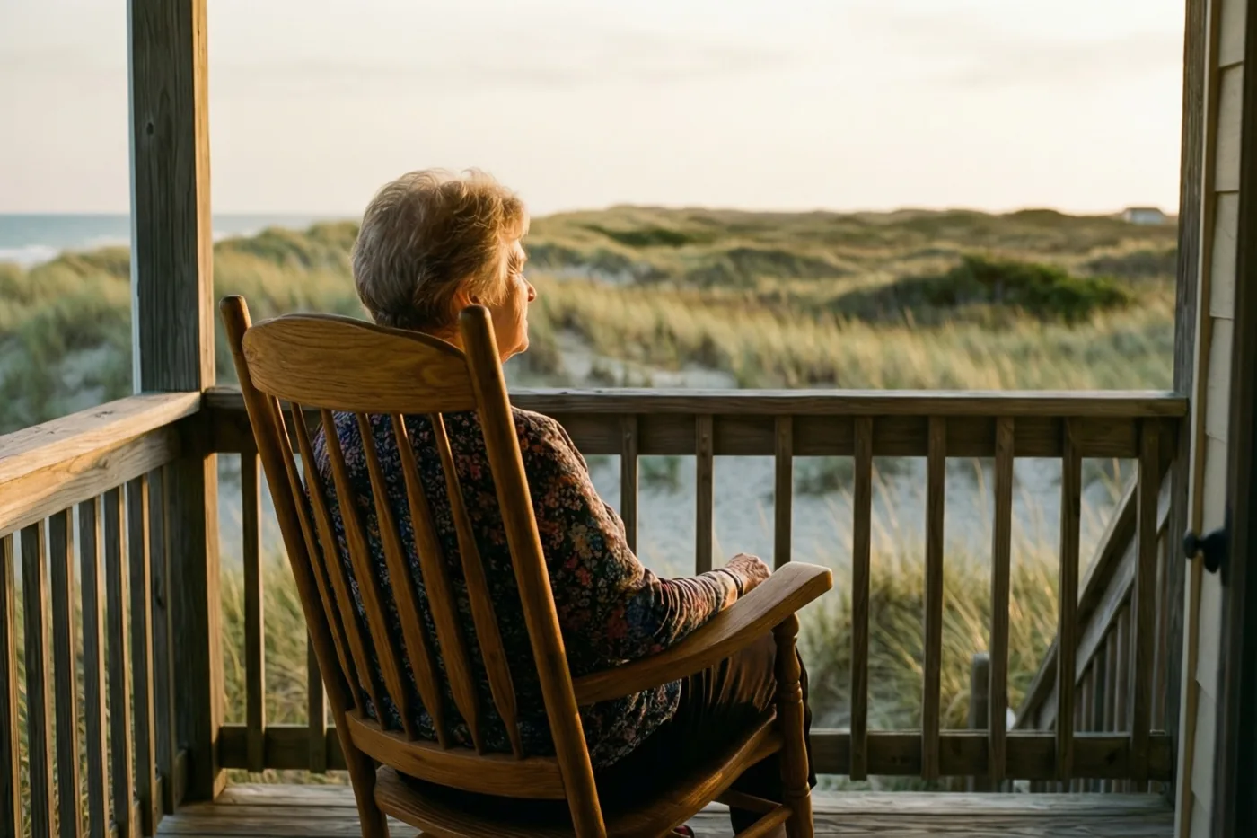 Een oudere vrouw zit in een houten schommelstoel op een veranda en kijkt over kustduinen en zee in warm, goudkleurig licht.