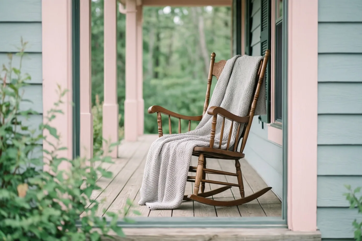 Een houten schommelstoel met een grijs gebreid deken staat op een veranda met lichtblauwe gevelbekleding en roze afwerking, omringd door groen.