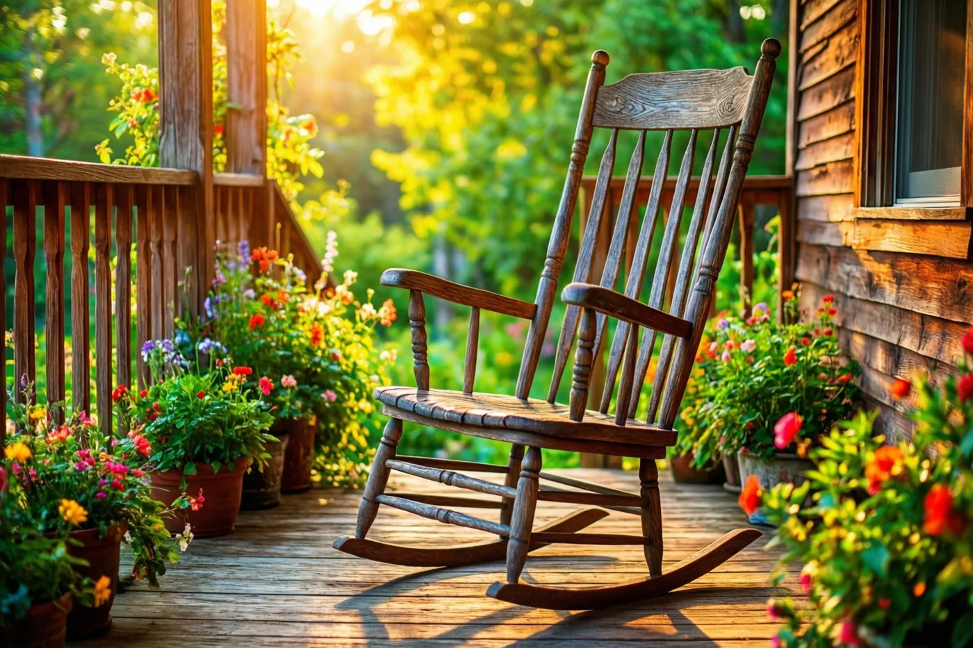 Een verweerde houten schommelstoel staat tussen bloemen in potten op een houten veranda in warm namiddaglicht.