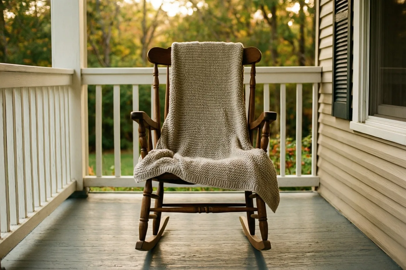 Een houten schommelstoel met een beige gebreid deken staat op een veranda met witte leuningen, bij een huis met beige gevelbekleding en bomen in herfstkleuren.