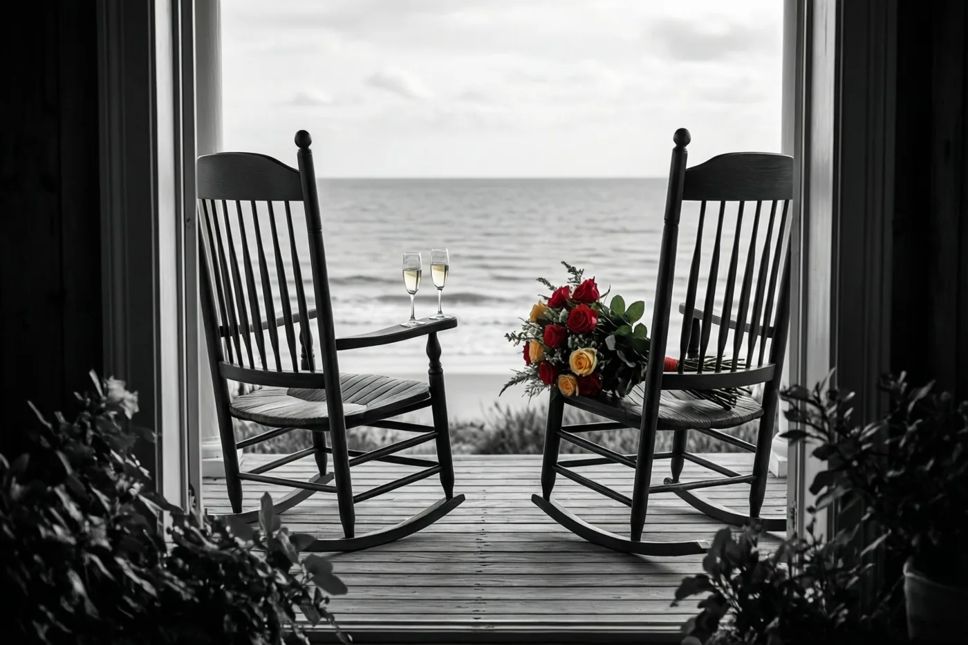 Twee houten schommelstoelen staan op een houten veranda met zicht op zee, met twee champagneglazen op de ene stoel en rode en gele rozen op de andere, als enige kleur in een zwart-witbeeld.