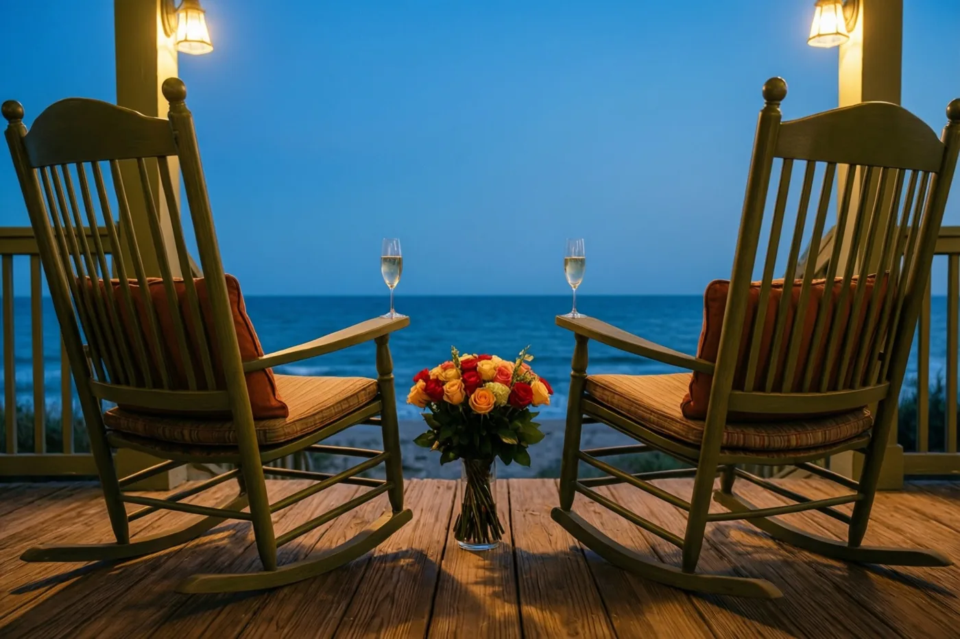 Twee houten schommelstoelen met kussens en elk een champagneglas staan op een verlichte houten veranda met een vaas rode en gele rozen ertussen, tegenover de zee onder een diepblauwe schemerhemel.