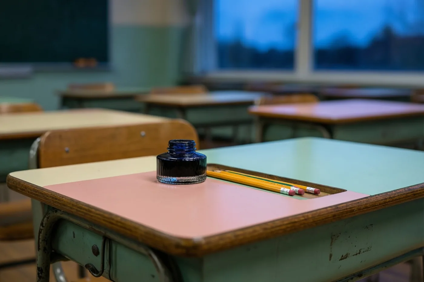 Op een schoolbank in jarenzestigstijl staat een blauw glazen inktpotje en liggen twee geslepen gele potloden in een houten gleuf, met lege banken en een schemerlucht achter het raam.
