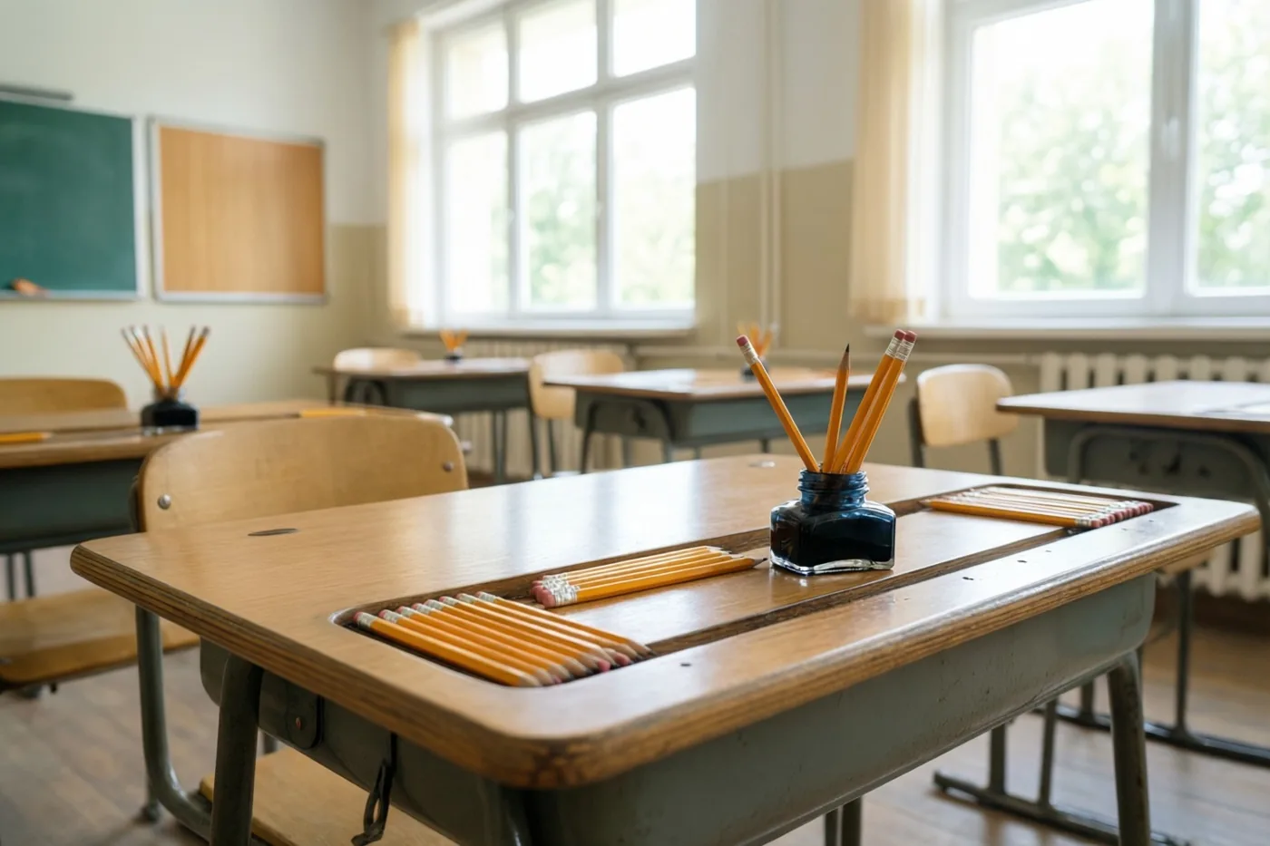 Een houten schoolbank uit de jaren zestig met een inktpotje en geslepen potloden in ingebouwde gleuven staat in een zonnig, leeg klaslokaal met ramen en andere banken.