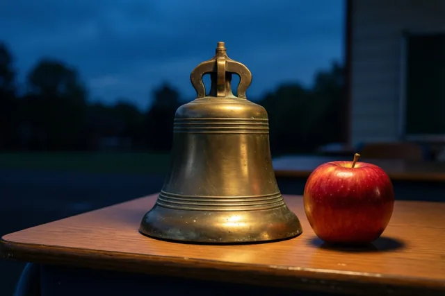 Een oude messing schoolbel en een rode appel staan op een houten lerarenbureau buiten in de schemering, onder een donkerblauwe lucht met een wazige achtergrond.