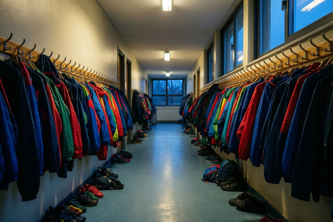 Aan beide kanten van een lange schoolgang hangen kleurrijke jassen aan houten kapstokken, verlicht door plafondlampen en daglicht.