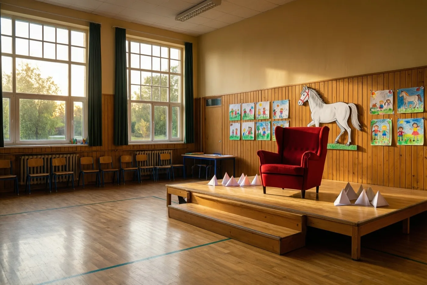 Een rode zetel en papieren mijters staan op een klein houten podium in een schoolzaal met kindertekeningen, waaronder een wit paard, en zonlicht door grote ramen.