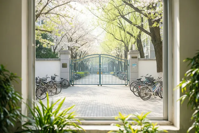 Door een raam is een schoolpoort te zien met fietsen aan weerszijden, omringd door bloeiende bomen en groen in zacht lentezonlicht.